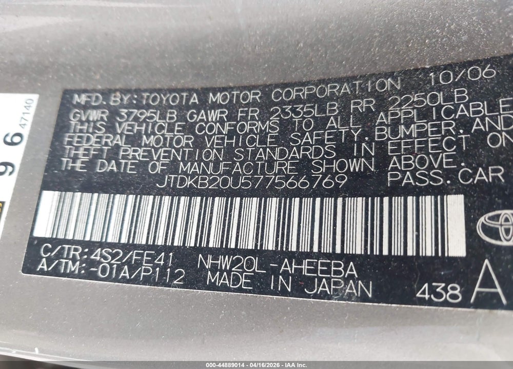2007 TOYOTA PRIUS TOURING VIN: JTDKB20U577566769
