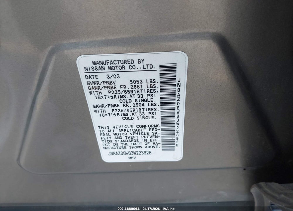 2003 NISSAN MURANO SE VIN: JN8AZ08W83W223928