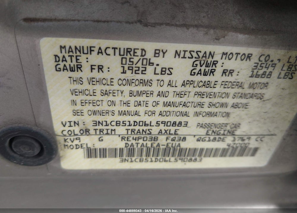 2006 NISSAN SENTRA 1.8S VIN: 3N1CB51D06L590883