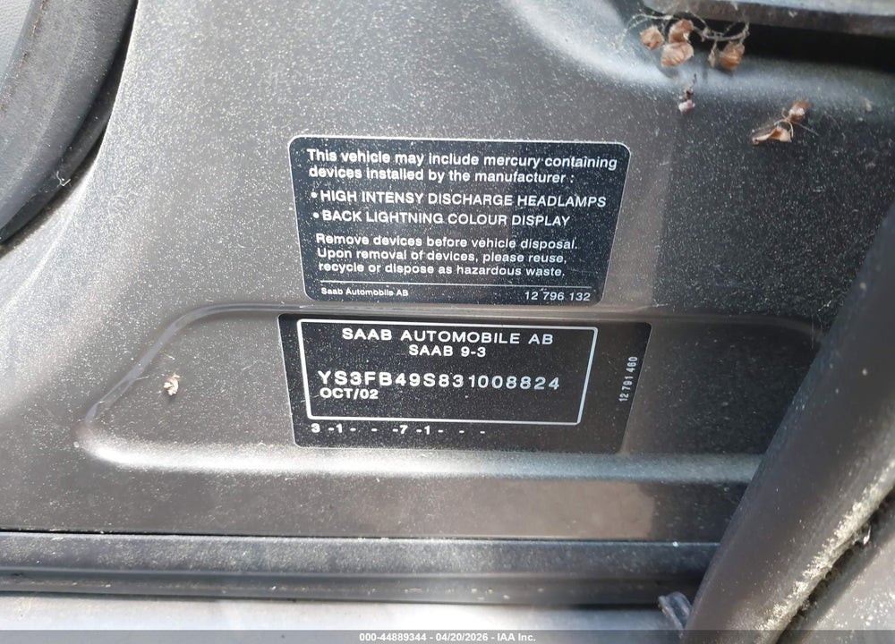 2003 SAAB 9-3 LINEAR VIN: YS3FB49S831008824