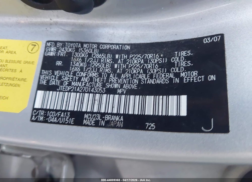 2007 TOYOTA HIGHLANDER SPORT/LIMITED VIN: JTEDP21A270143053