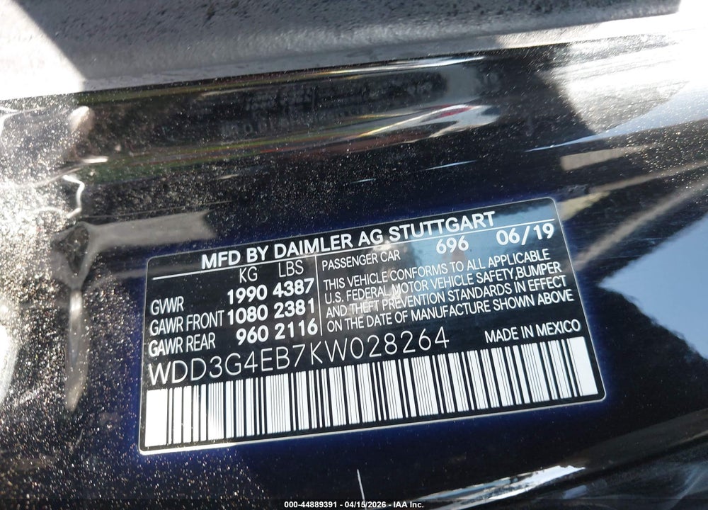 2019 MERCEDES-BENZ A 220 VIN: WDD3G4EB7KW028264