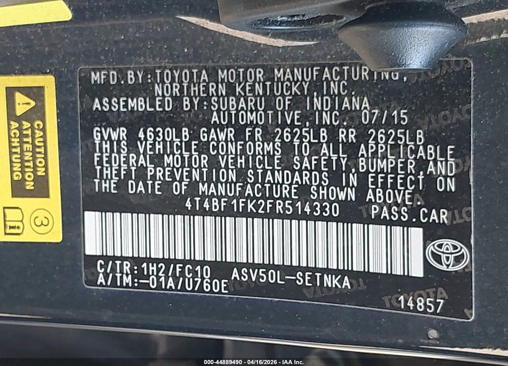 2015 TOYOTA CAMRY LE VIN: 4T4BF1FK2FR514330