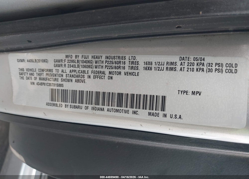 2005 SUBARU OUTBACK 2.5I VIN: 4S4BP61C357315885