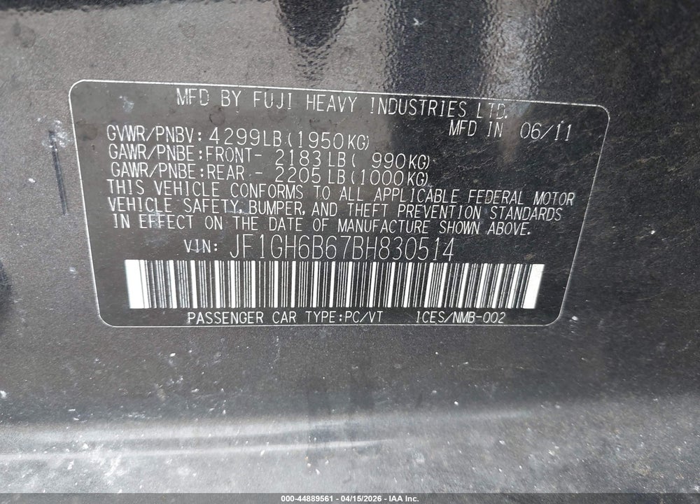 2011 SUBARU IMPREZA 2.5I PREMIUM VIN: JF1GH6B67BH830514
