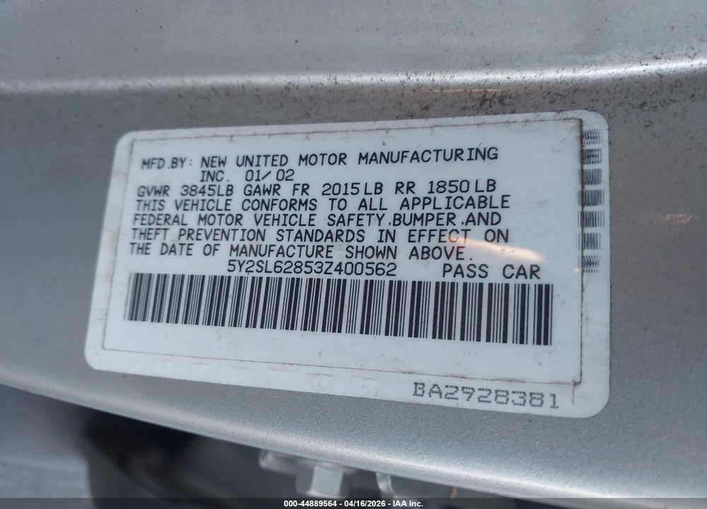 2003 PONTIAC VIBE VIN: 5Y2SL62853Z400562