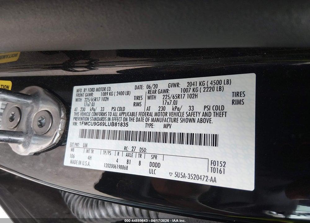 2020 FORD ESCAPE SE VIN: 1FMCU9G69LUB81835