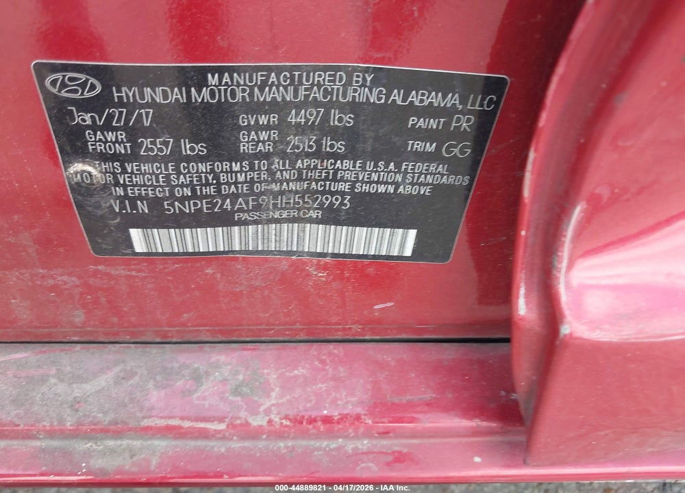 2017 HYUNDAI SONATA VIN: 5NPE24AF9HH552993