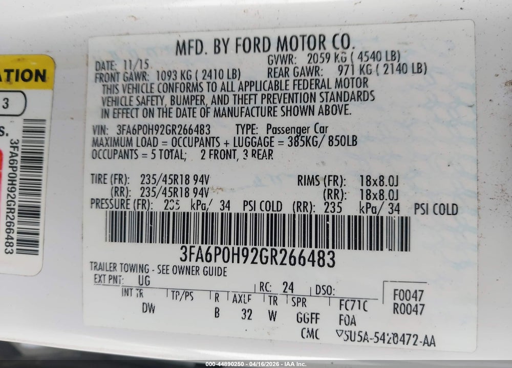 2016 FORD FUSION SE VIN: 3FA6P0H92GR266483