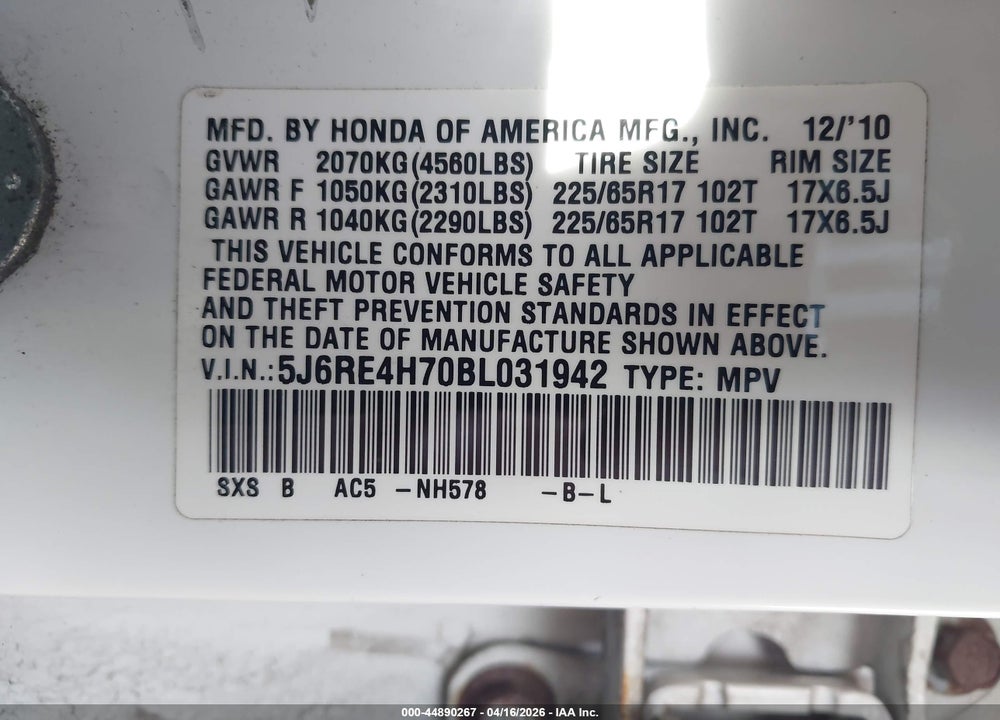 2011 HONDA CR-V EX-L VIN: 5J6RE4H70BL031942