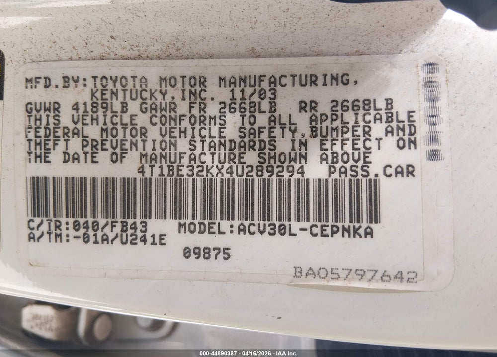 2004 TOYOTA CAMRY LE VIN: 4T1BE32KX4U289294