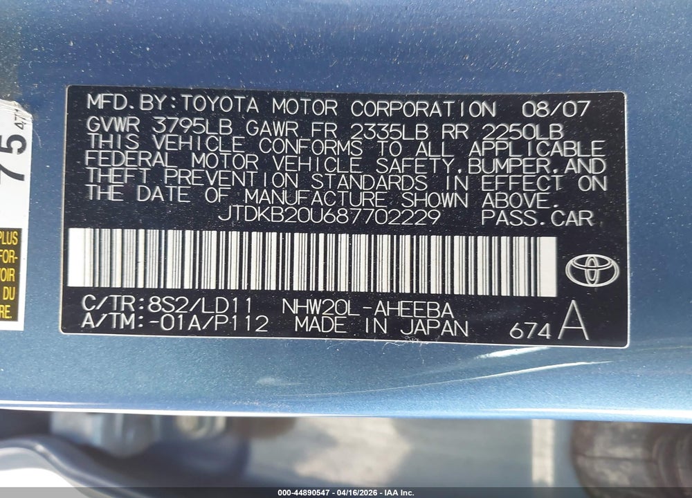 2008 TOYOTA PRIUS VIN: JTDKB20U687702229