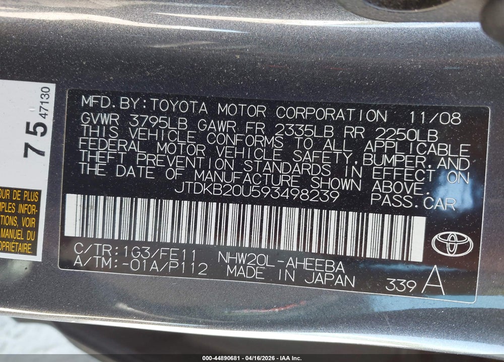 2009 TOYOTA PRIUS VIN: JTDKB20U593498239