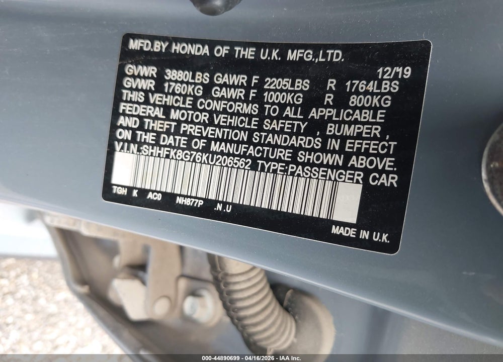2019 HONDA CIVIC VIN: SHHFK8G76KU206562