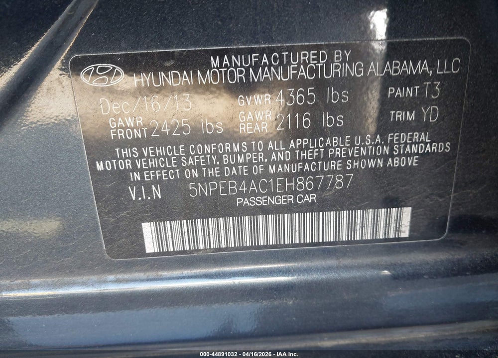2014 HYUNDAI SONATA GLS VIN: 5NPEB4AC1EH867787