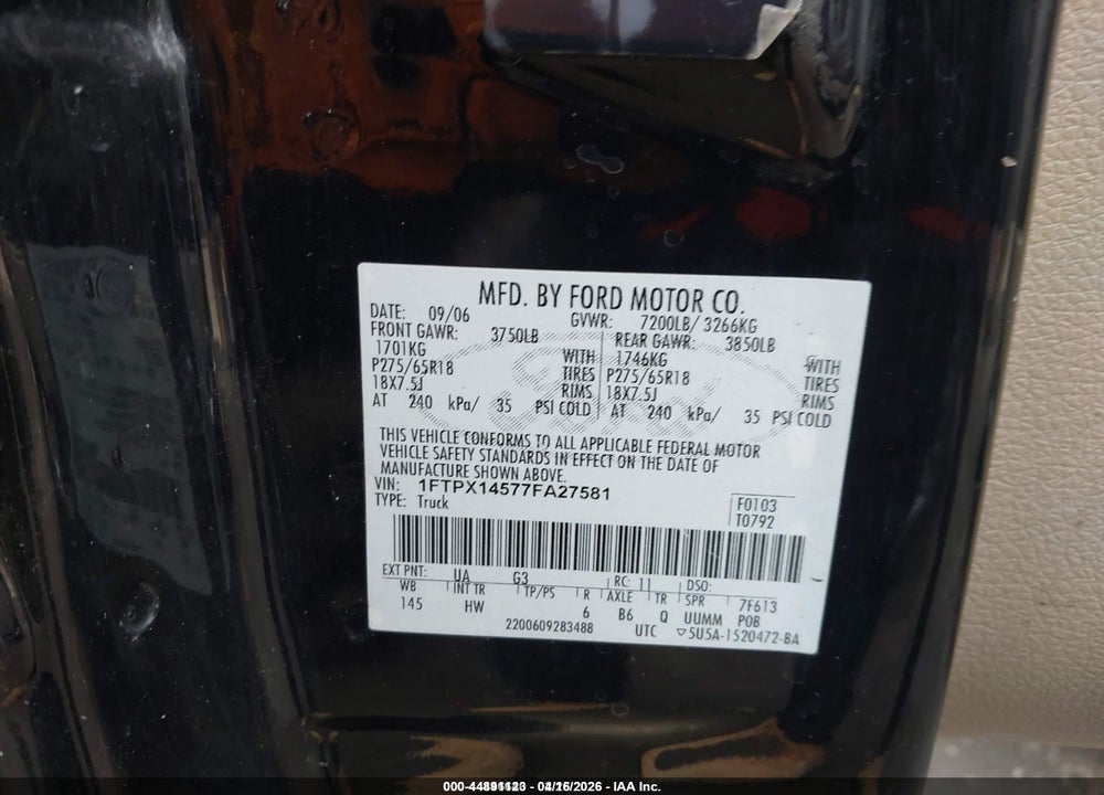 2007 FORD F-150 FX4/LARIAT/XL/XLT VIN: 1FTPX14577FA27581