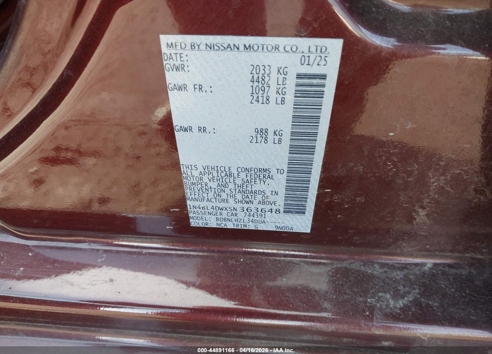 2025 NISSAN ALTIMA SV AWD VIN: 1N4BL4DWXSN363648