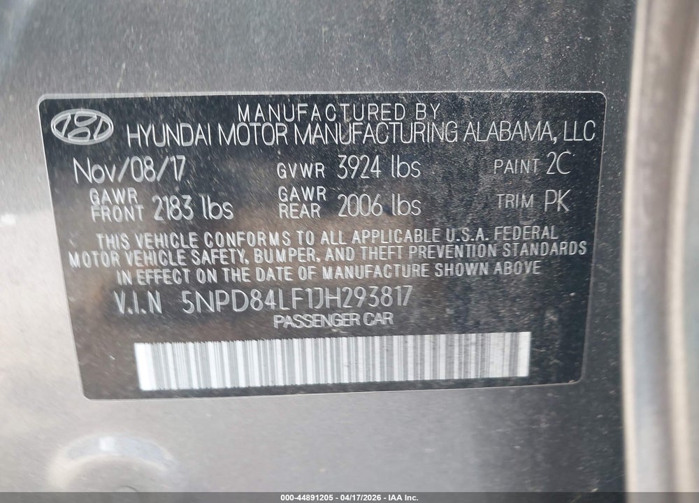 2018 HYUNDAI ELANTRA SEL VIN: 5NPD84LF1JH293817