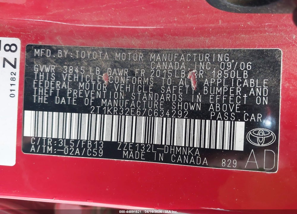 2007 TOYOTA MATRIX XR VIN: 2T1KR32E67C634292