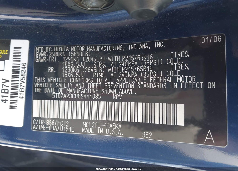 2006 TOYOTA SIENNA LE VIN: 5TDZA23C06S444085