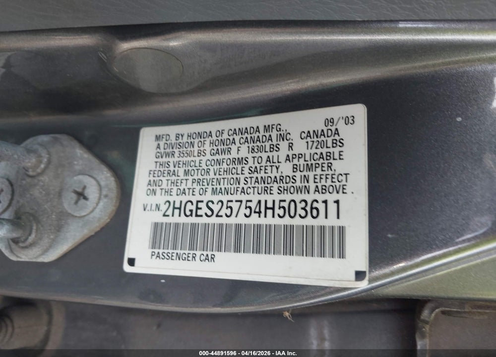 2004 HONDA CIVIC EX VIN: 2HGES25754H503611
