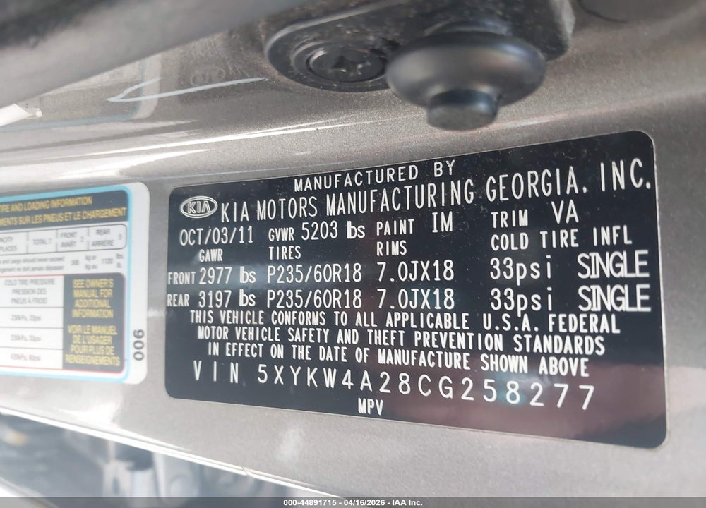 2012 KIA SORENTO SX V6 VIN: 5XYKW4A28CG258277