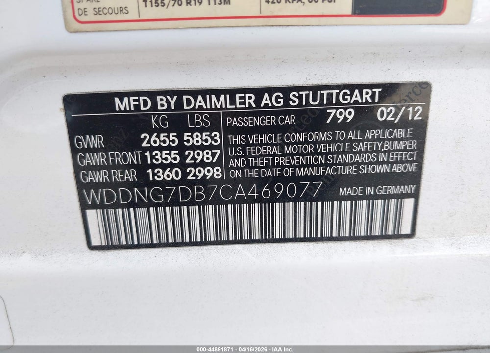 2012 MERCEDES-BENZ S 550 VIN: WDDNG7DB7CA469077