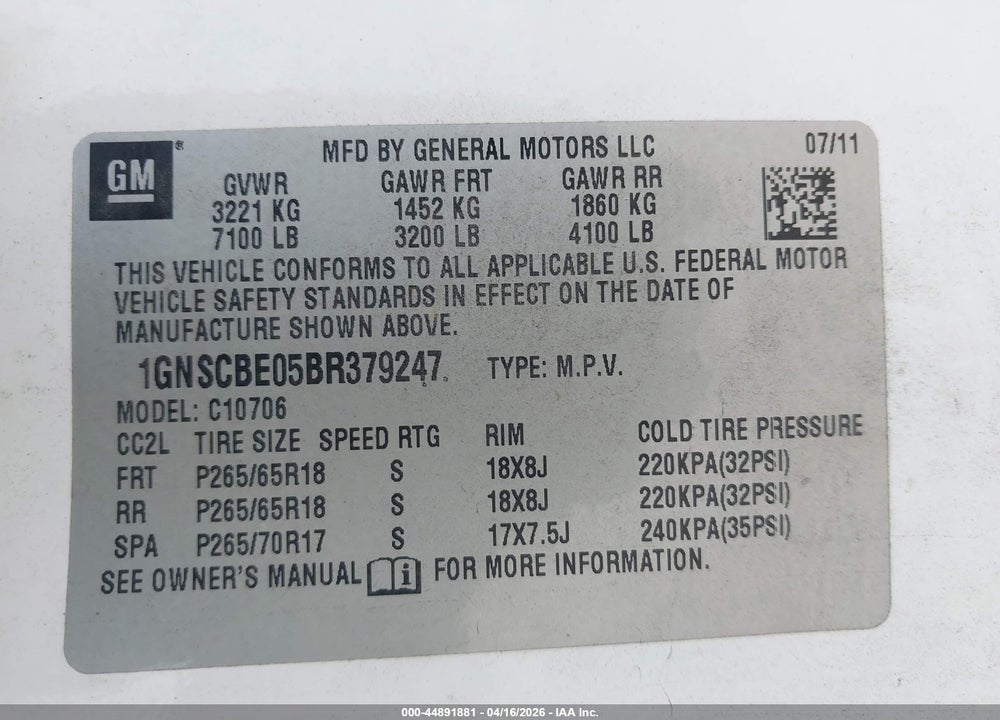 2011 CHEVROLET TAHOE LT VIN: 1GNSCBE05BR379247