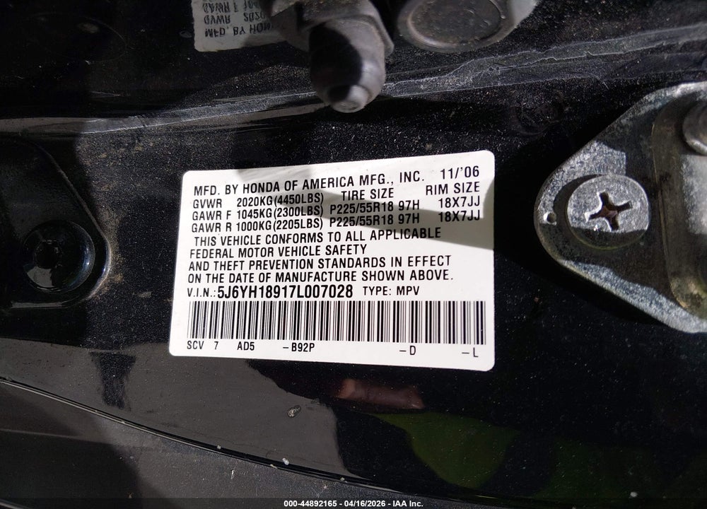 2007 HONDA ELEMENT SC VIN: 5J6YH18917L007028