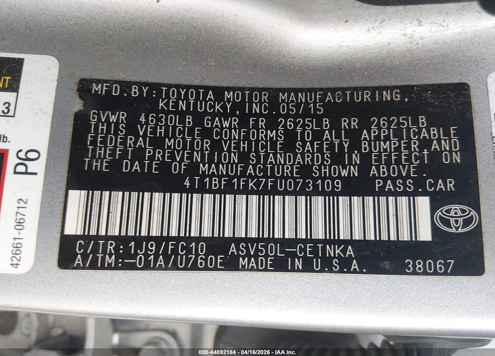 2015 TOYOTA CAMRY LE VIN: 4T1BF1FK7FU073109
