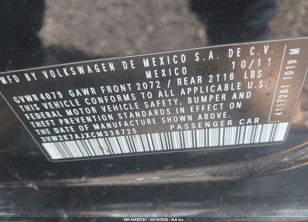 2012 VOLKSWAGEN JETTA 2.0L S VIN: 3VW2K7AJXCM336725