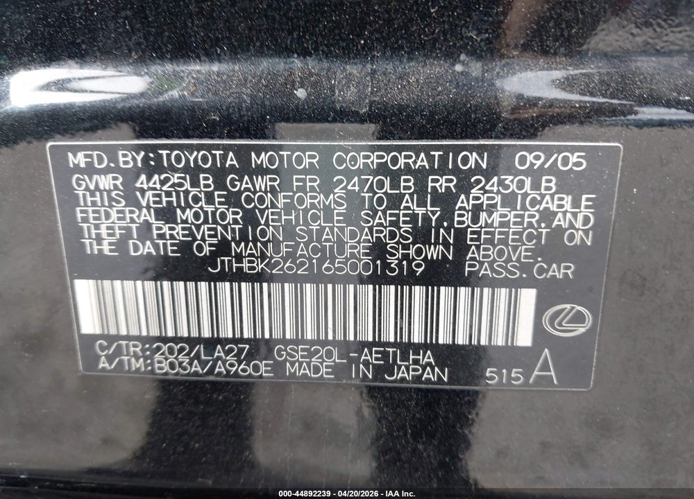 2006 LEXUS IS 250 VIN: JTHBK262165001319