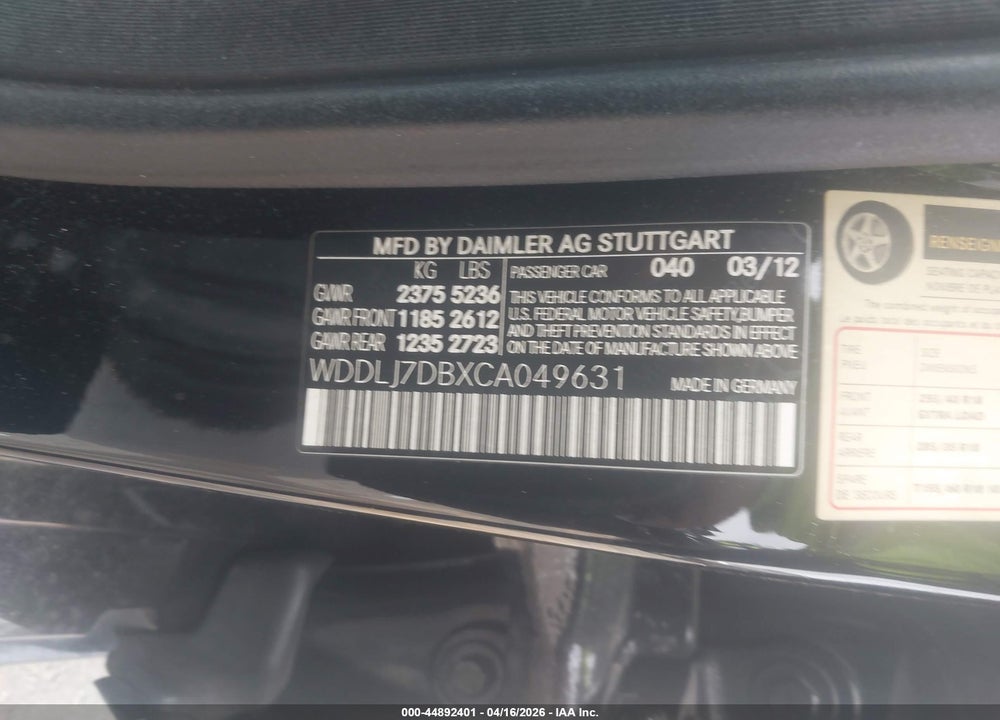 2012 MERCEDES-BENZ CLS 550 VIN: WDDLJ7DBXCA049631