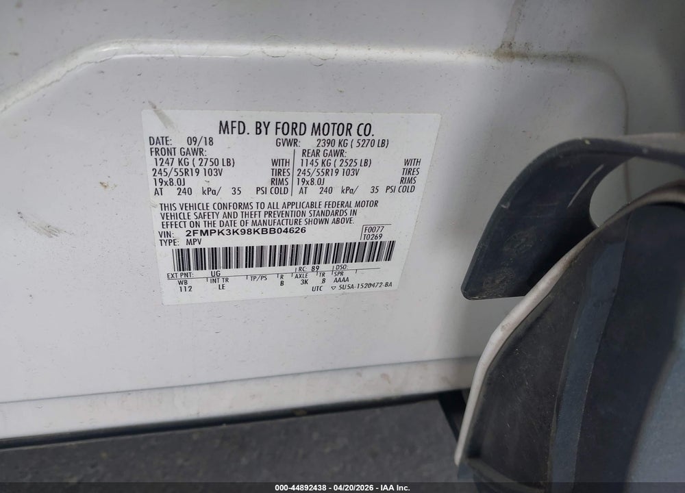 2019 FORD EDGE TITANIUM VIN: 2FMPK3K98KBB04626