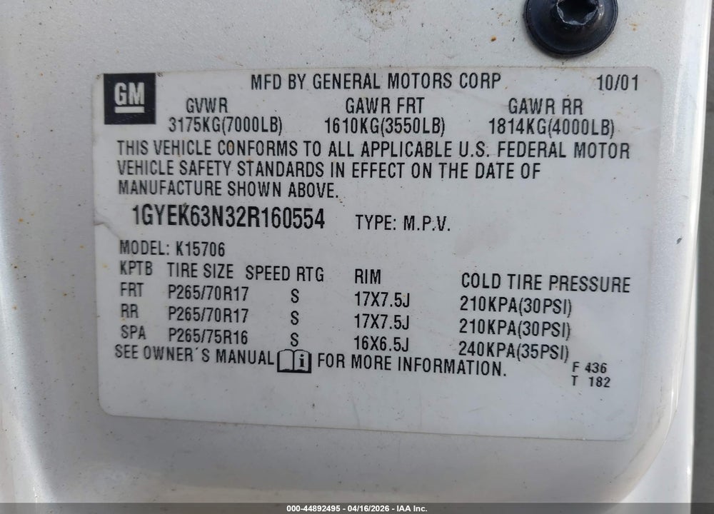 2002 CADILLAC ESCALADE STANDARD VIN: 1GYEK63N32R160554