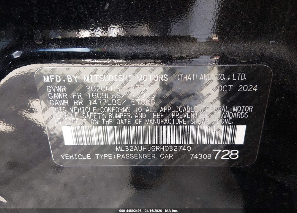 2024 MITSUBISHI MIRAGE ES/LE VIN: ML32AUHJ6RH032740