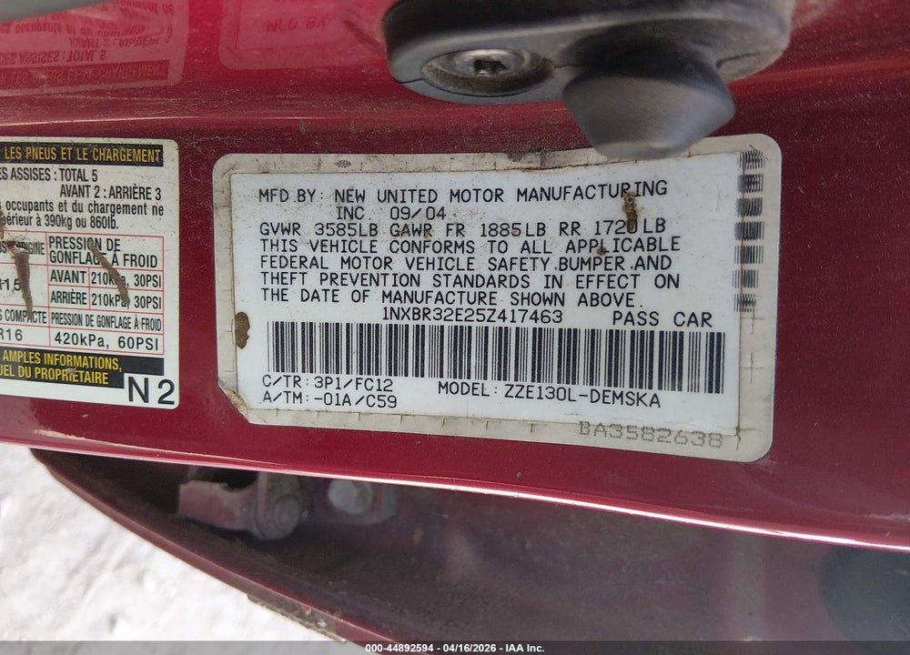 2005 TOYOTA COROLLA S VIN: 1NXBR32E25Z417463
