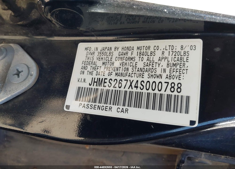 2004 HONDA CIVIC EX VIN: JHMES267X4S000788