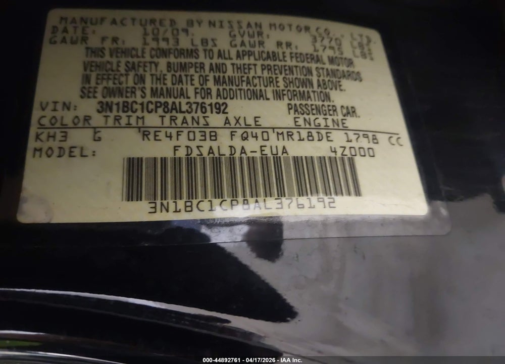 2010 NISSAN VERSA 1.8S VIN: 3N1BC1CP8AL376192