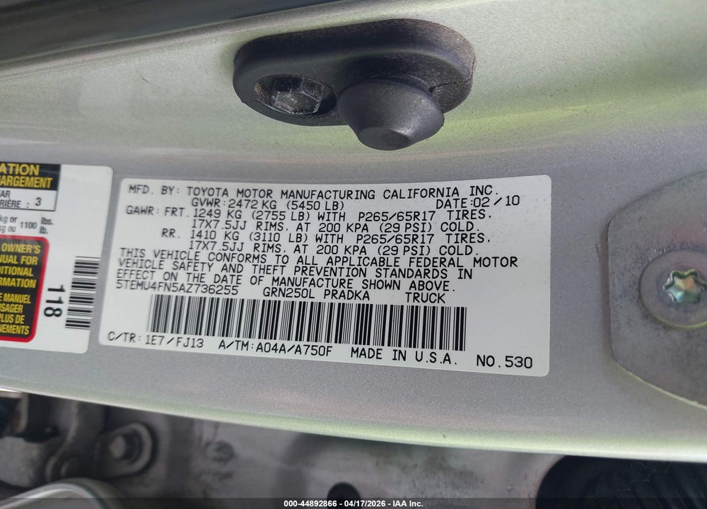 2010 TOYOTA TACOMA BASE V6 VIN: 5TEMU4FN5AZ736255