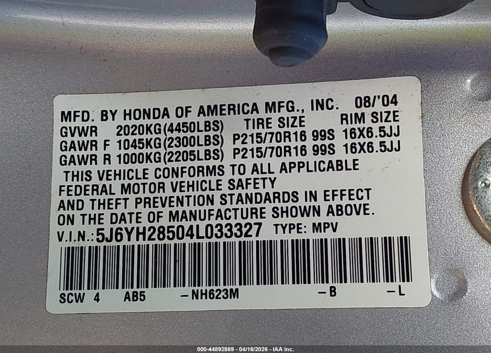 2004 HONDA ELEMENT EX VIN: 5J6YH28504L033327