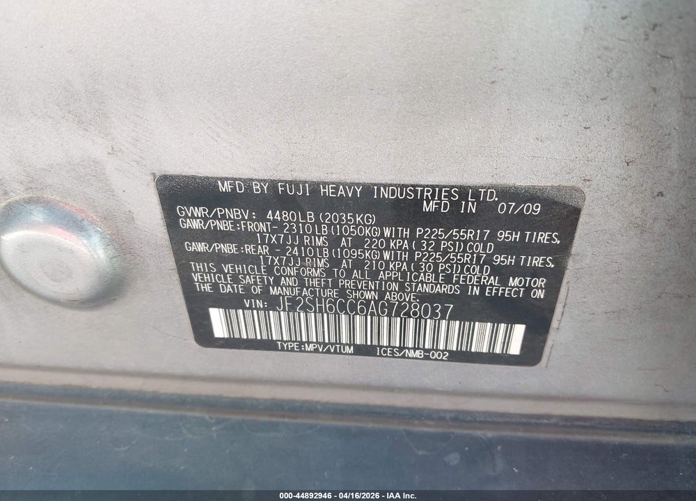 2010 SUBARU FORESTER 2.5X PREMIUM VIN: JF2SH6CC6AG728037