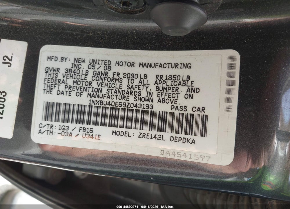 2009 TOYOTA COROLLA LE VIN: 1NXBU40E69Z043193