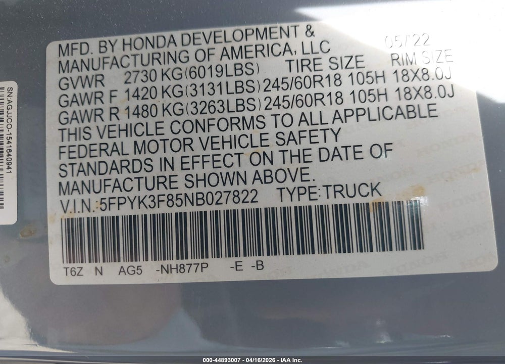2022 HONDA RIDGELINE BLACK EDITION VIN: 5FPYK3F85NB027822