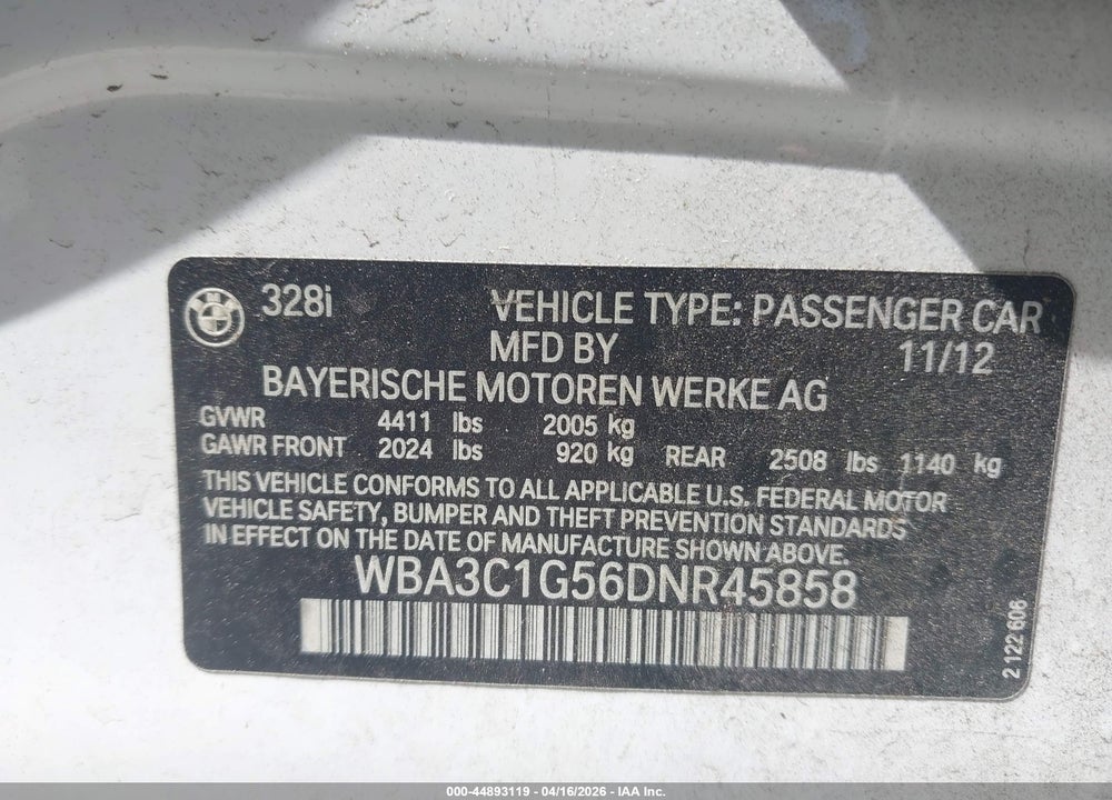2013 BMW 328I VIN: WBA3C1G56DNR45858