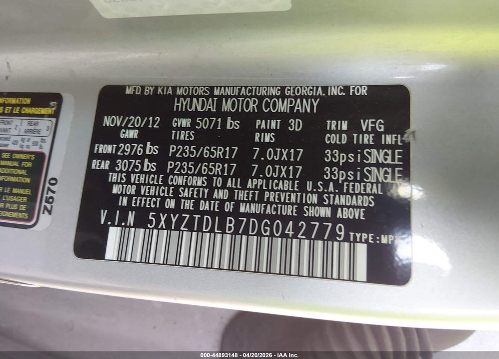 2013 HYUNDAI SANTA FE SPORT VIN: 5XYZTDLB7DG042779