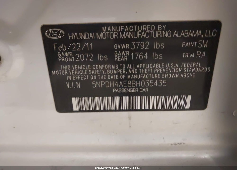 2011 HYUNDAI ELANTRA GLS VIN: 5NPDH4AE8BH035435