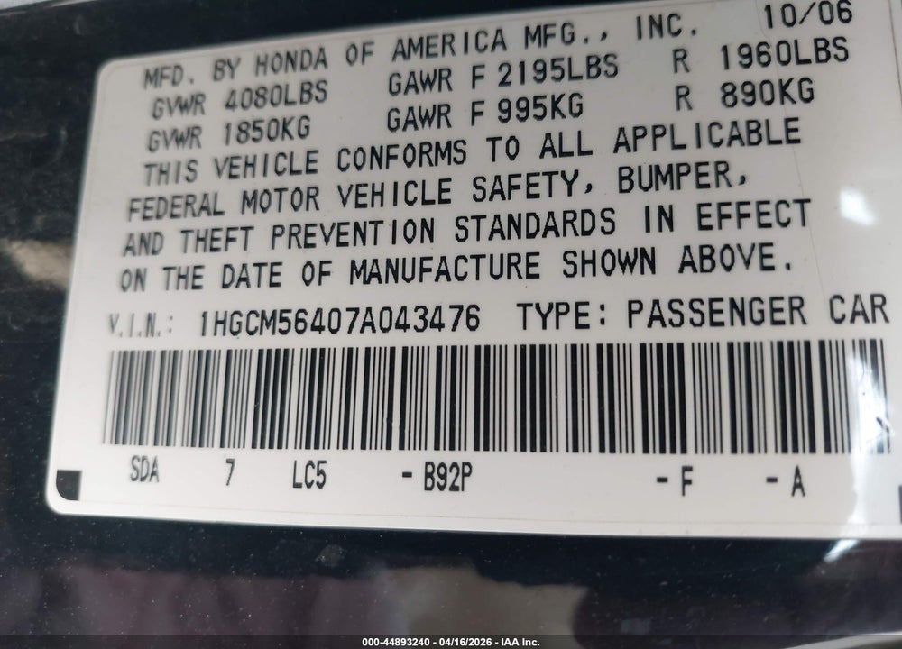 2007 HONDA ACCORD 2.4 LX VIN: 1HGCM56407A043476