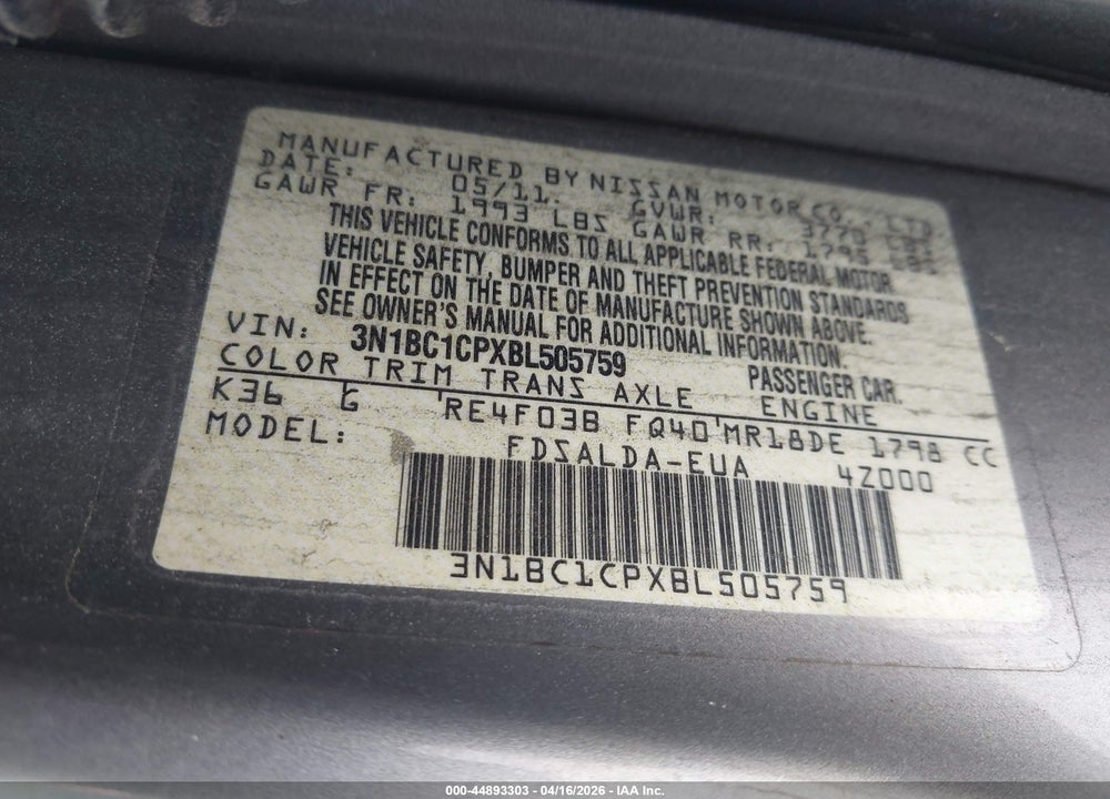 2011 NISSAN VERSA 1.8S VIN: 3N1BC1CPXBL505759