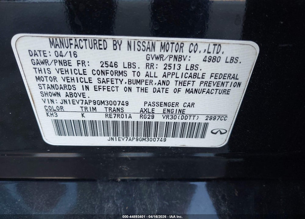 2016 INFINITI Q50 3.0T PREMIUM VIN: JN1EV7AP9GM300749